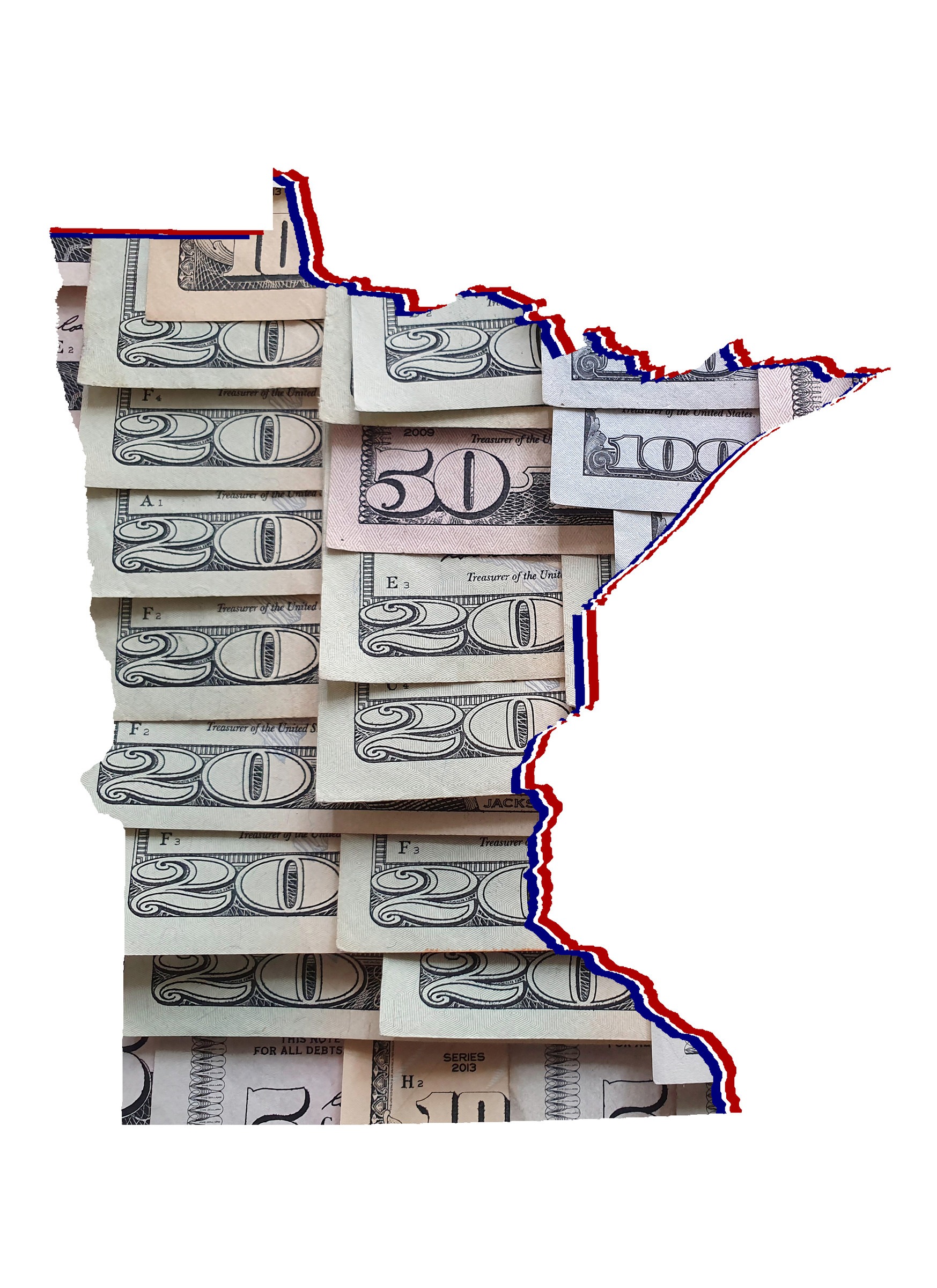 A collage of U.S. dollar bills arranged within the outline of Minnesota, with a red, white, and blue border tracing the state shape. The image highlights financial aspects related to insurance coverage against a clean white background.